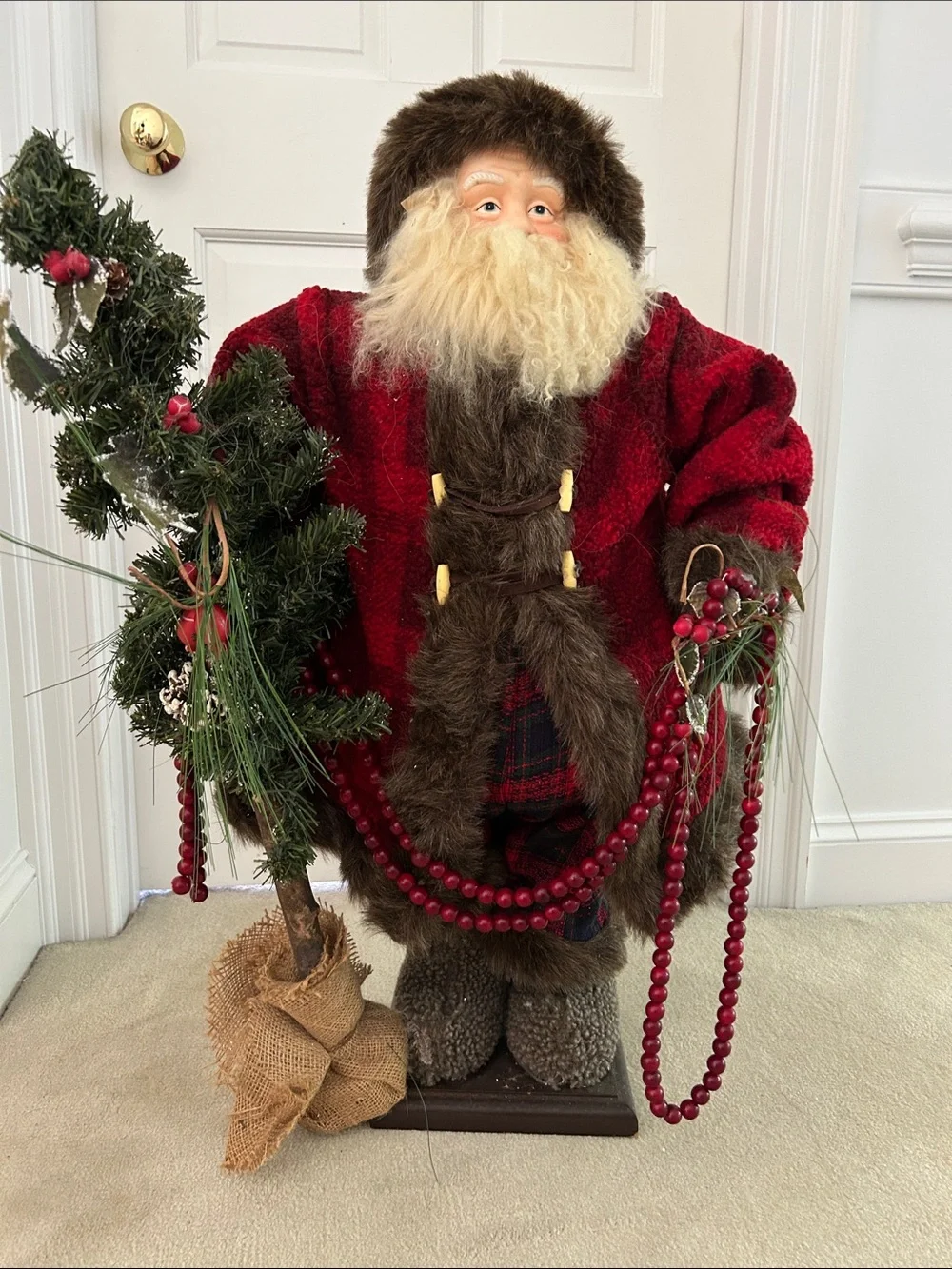 Traditional Red Santa Holiday Figure with Beaded Garland